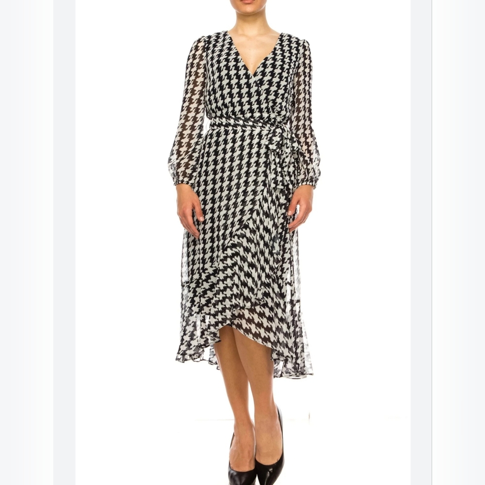 👍Gabby Skye black white houndstooth chiffon long sleeves high low midi dress 14